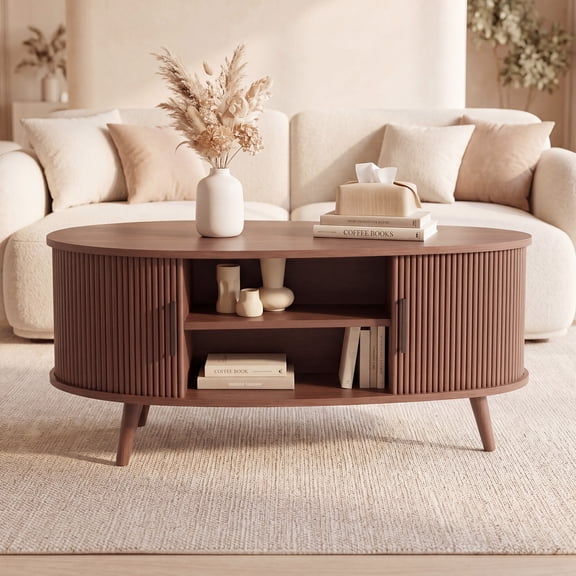 YDN 39.4" Fluted Round Coffee Table with Storage,Modern Oval Coffee Table with Rolling Shutter Door,Mid Century Coffee Table for Living Room,Home Office(Walnut)