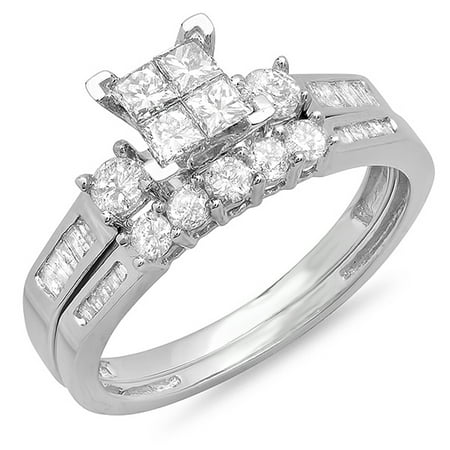 1.20 Carat (ctw) 10K Gold Princess, Round & Baguette Cut Diamond Engagement Ring Band Set 1 1/4 CT