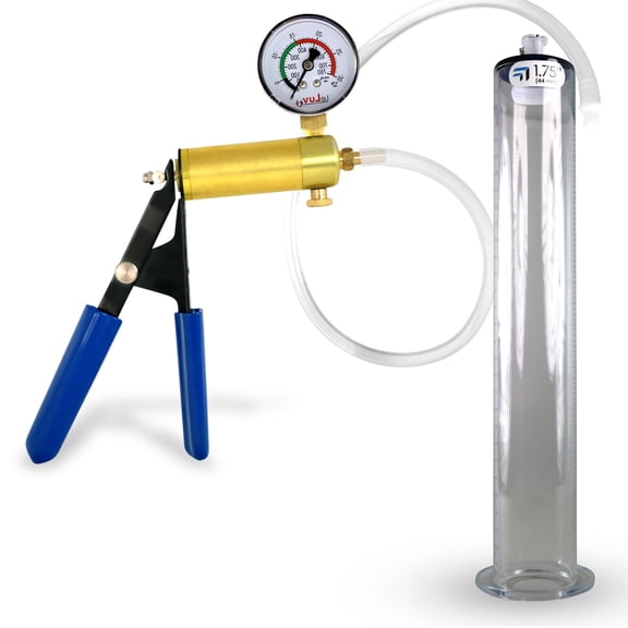 LeLuv® Ultima Brass Penis Pump Kit w/ Blue Rubber Grips, Clear Hose Gauge | 12" x 1.75" Cylinder Wide Flange