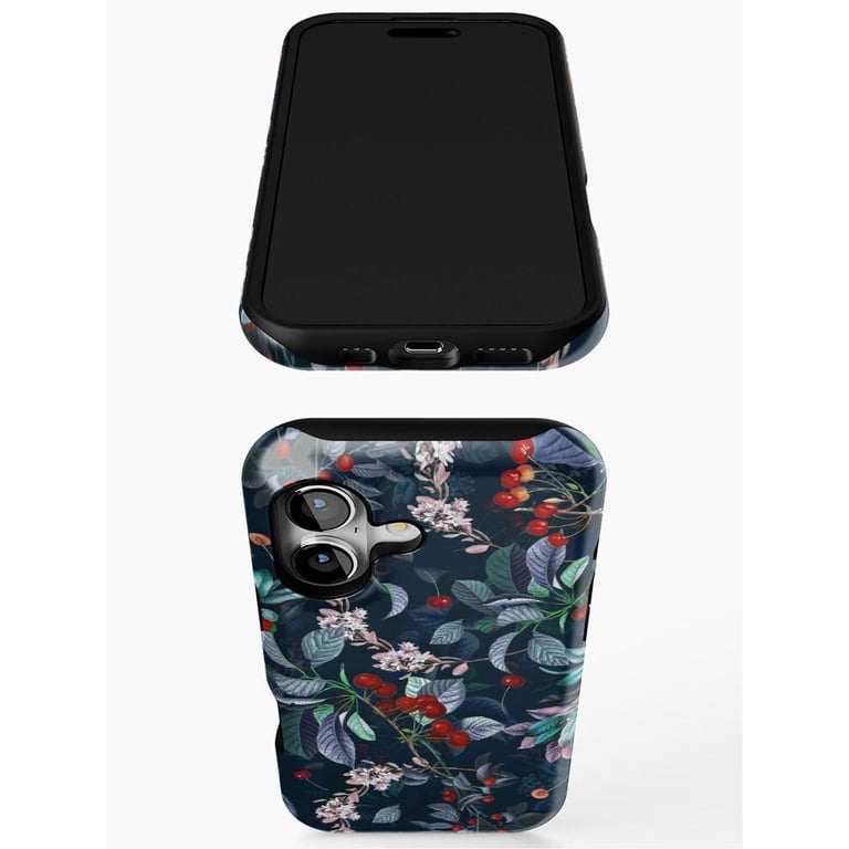 Red Berry Branches and Pink Blossoms Navy Tough Phone Case ...