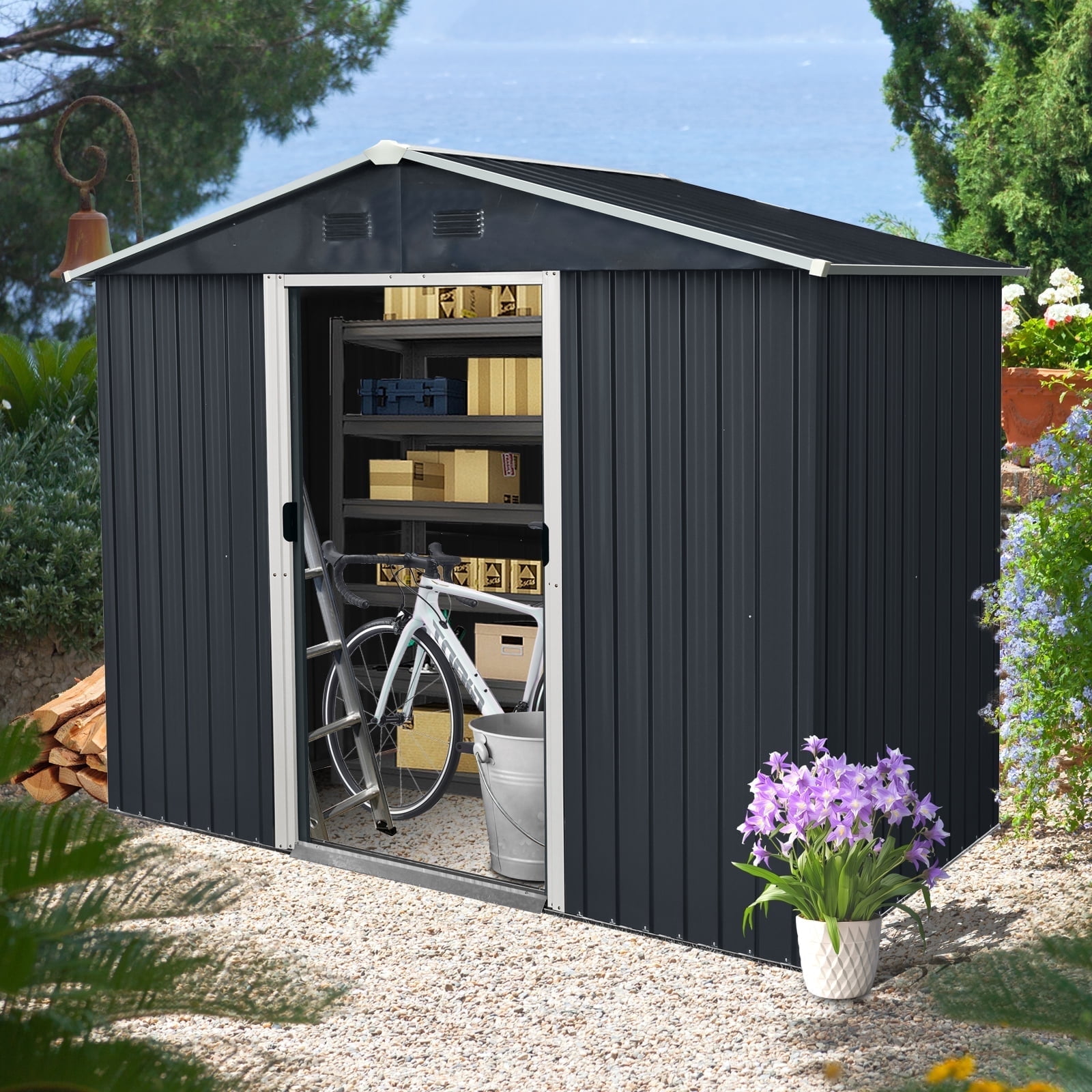 NETAJE 8'x12' Outdoor Metal Storage Shed with Upgraded Frame and
