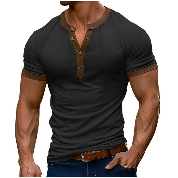 USNSM Men's Casual Henley Shirts Classic Fit Button Cotton Short Sleeve T-Shirt Summer Basic Solid Lightweight Tees Tops Black L