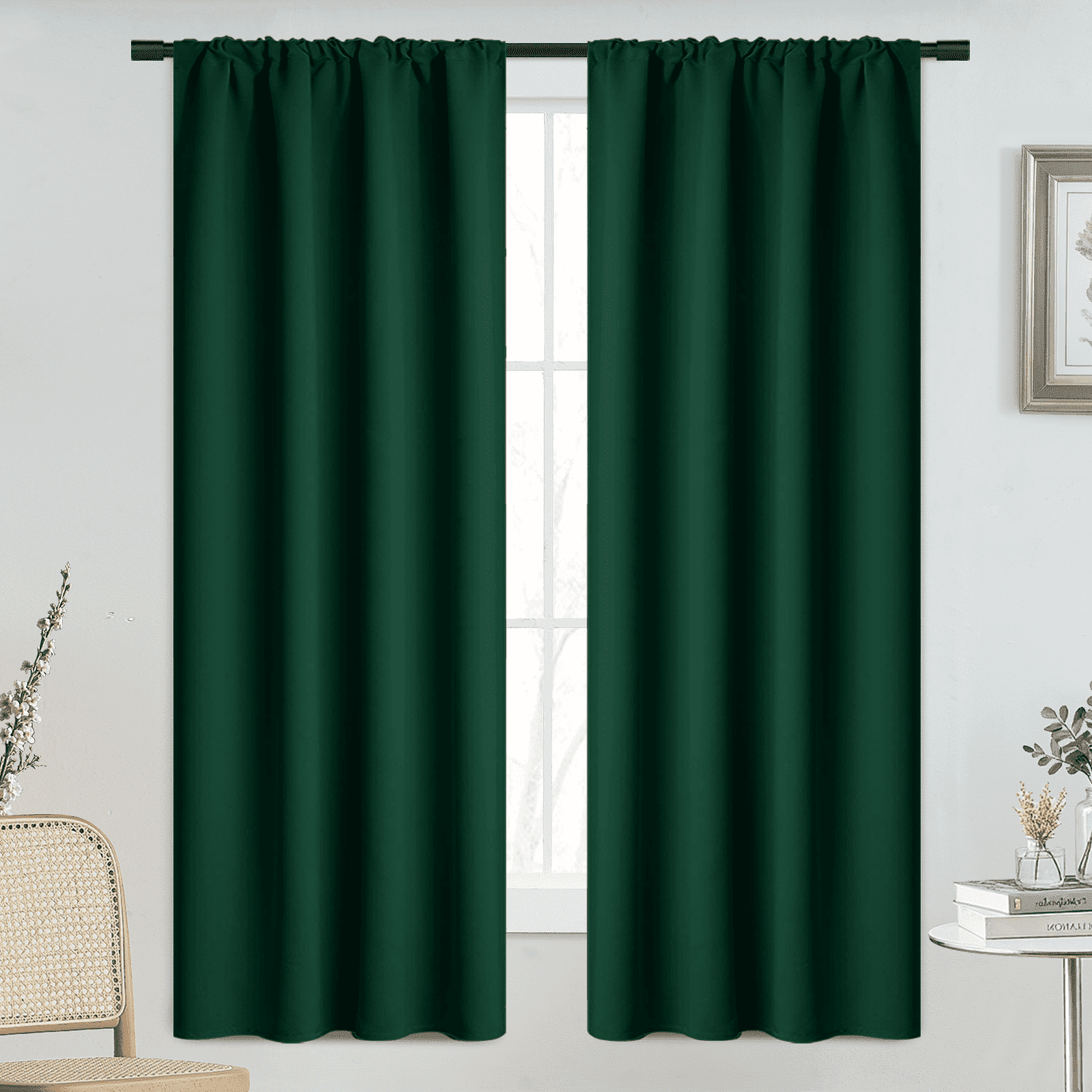 Yakamok 63 Inches Long Blackout Curtains for Windows - 2 Panels Blackout Window Drapes for Basement with Rod Pocket (Dark Green,Width 38 by Length 63)