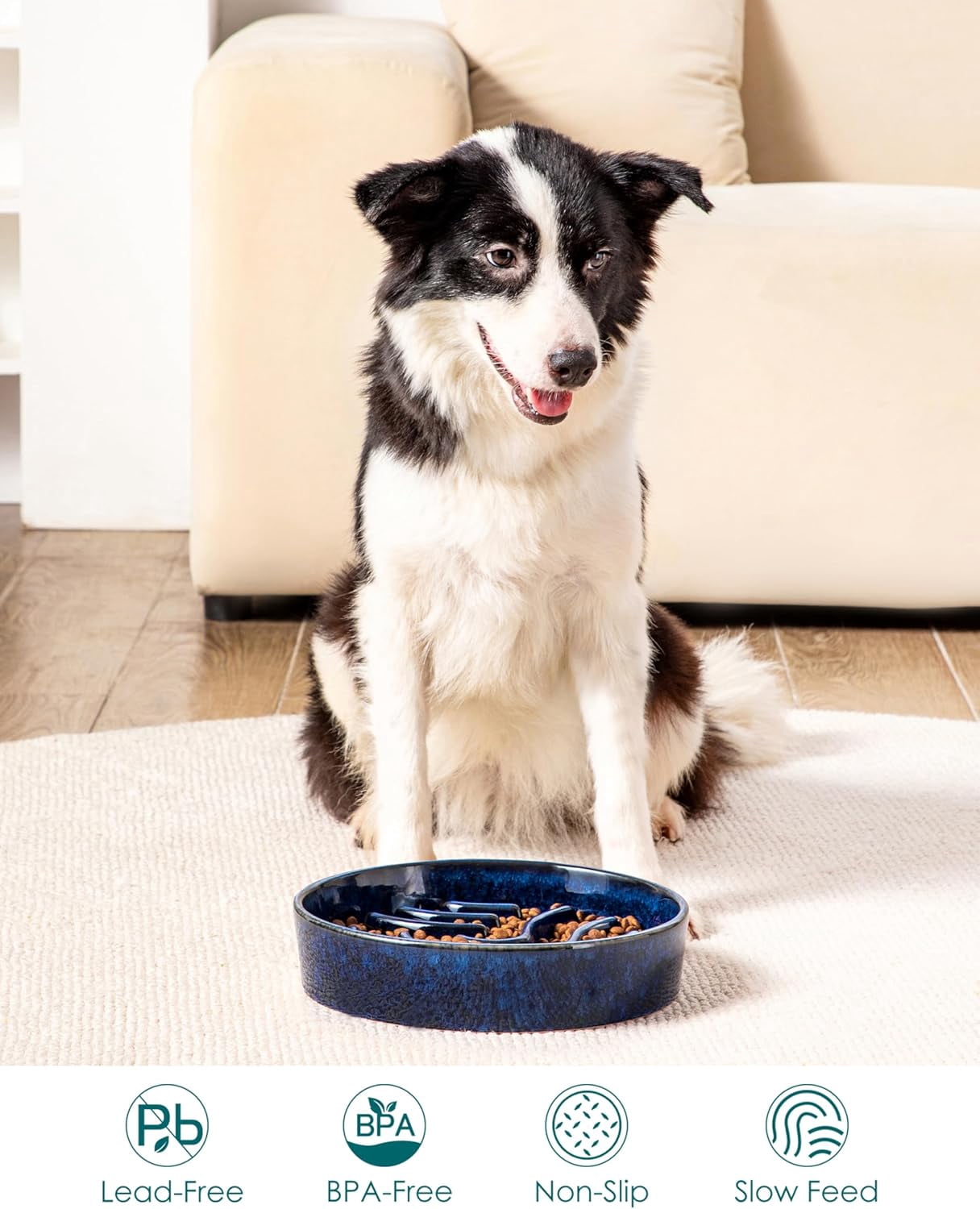 Slow Feeder Dog Bowl, 3 Cup Ceramic Slow Feeding Food Dish for Large Breed, Puzzle Dog Food Bowl for Fast Eater, Blue