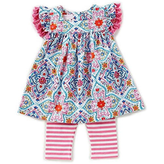 Infant Toddler Fiesta Paisley Tunic Top with Pink Tassels and Matching Legging Set (0-3 Months)