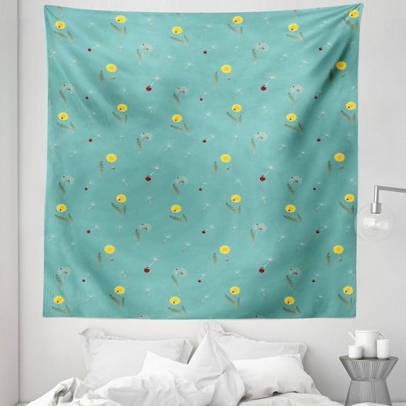 Spring Tapestry, Minimal Themed Pattern of Flying Dandelion Yellow Flowers and Ladybugs, Fabric Wall Hanging Decor for Bedroom Living Room Dorm, 5 Sizes, Cadet Blue Multicolor, by Ambesonne