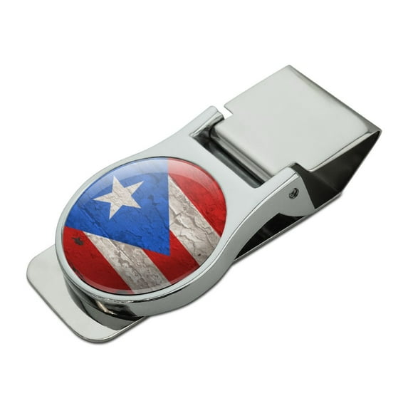 Rustic Distressed Puerto Rico Flag Wood Look Satin Chrome Plated Metal Money Clip
