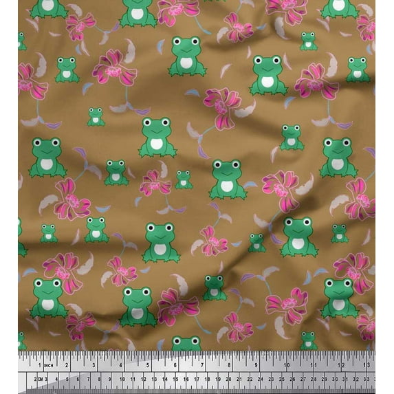 Soimoi Viscose Chiffon Fabric Floral & Frog Cartoon Printed Fabric 1 Yard 42 Inch Wide
