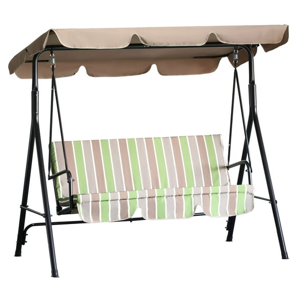 Outsunny 3-Seat Patio Swing Chair, Outdoor Porch Swing Glider with Adjustable Canopy, Removable Cushion, and Weather Resistant Steel Frame, for Garden, Poolside, Green Stripes