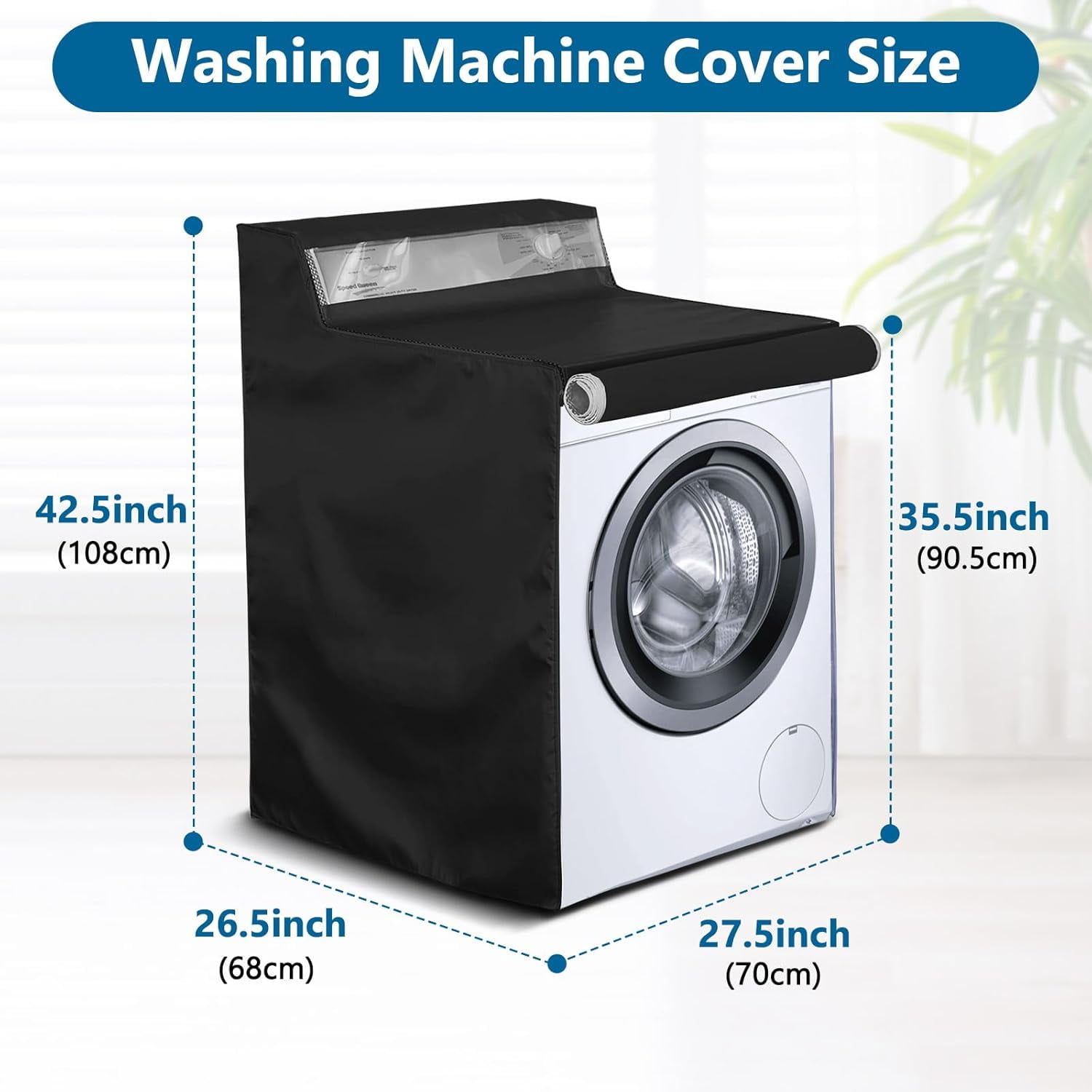 ABPETE 1 Pack Washing Machine Cover, Waterproof Dustproof Washer Dryer Cover with Zipper and Perspective Window ,Fit for Front Load or Top Washer and Dryer 27"Wx26"Dx43"H,Black