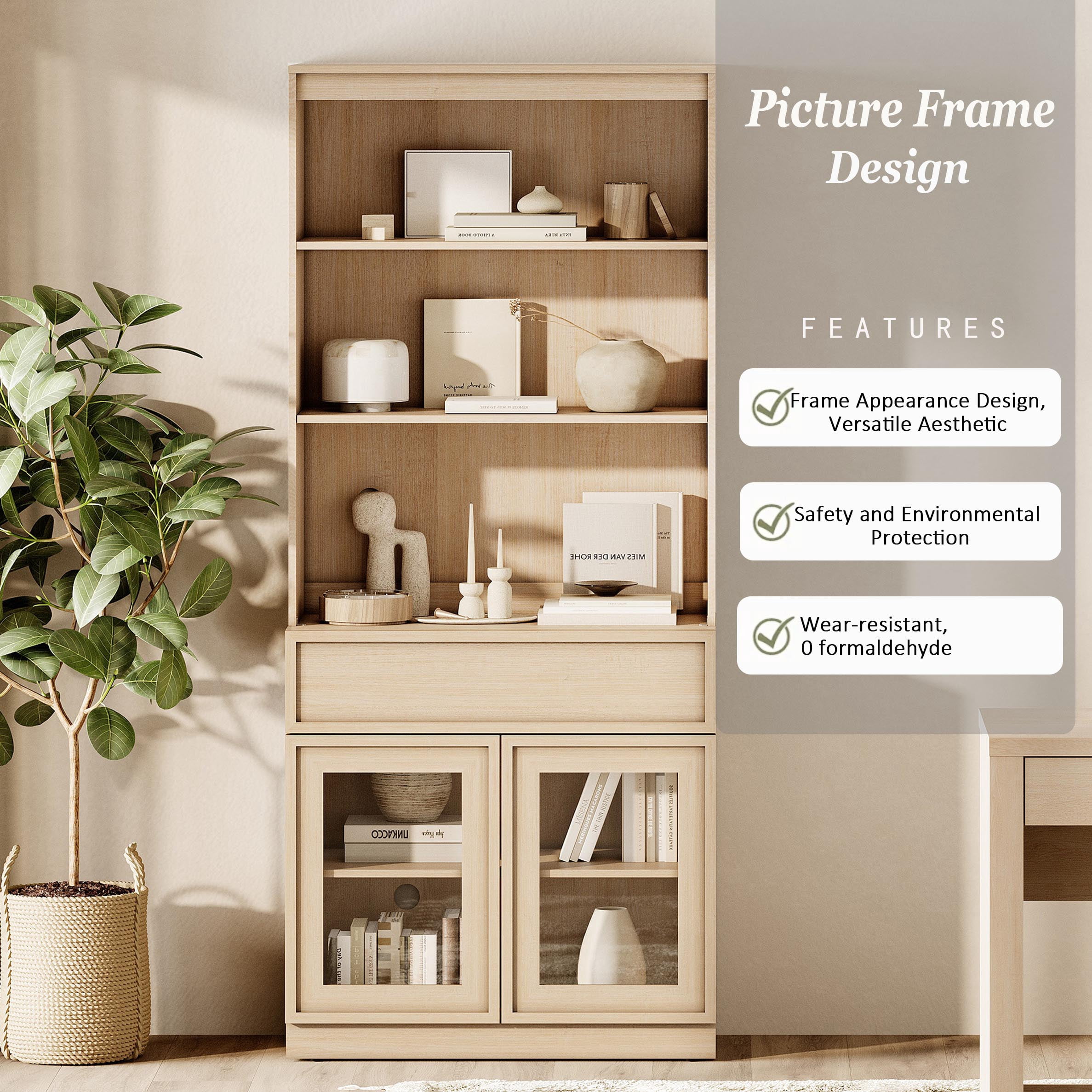 Modern 72" Tall Bookshelf with Glass Doors & Drawers, Library Bookcase with Storage Cabinet and Open Shelves,Beige
