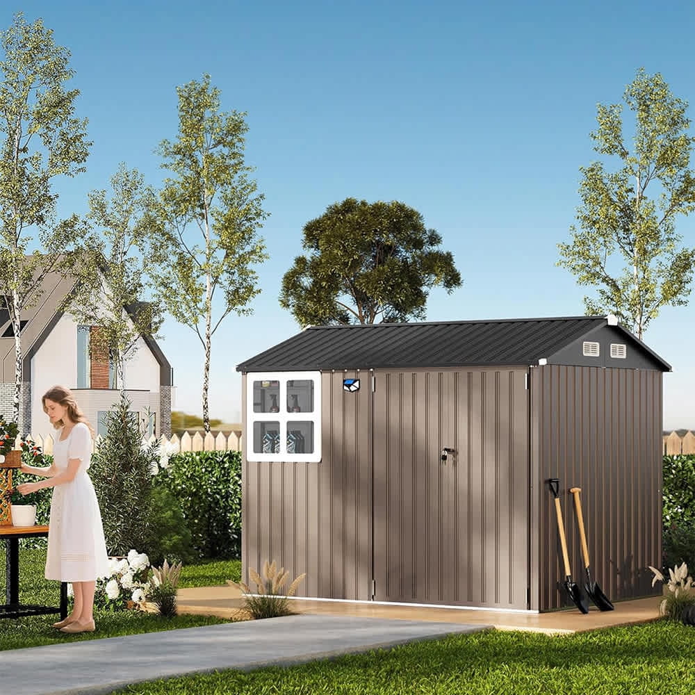 EastVita 8 x 6 ft Outdoor Metal Storage Shed with Windows and Lockable Doors Heavy-Duty Garden Tool Shed Brown