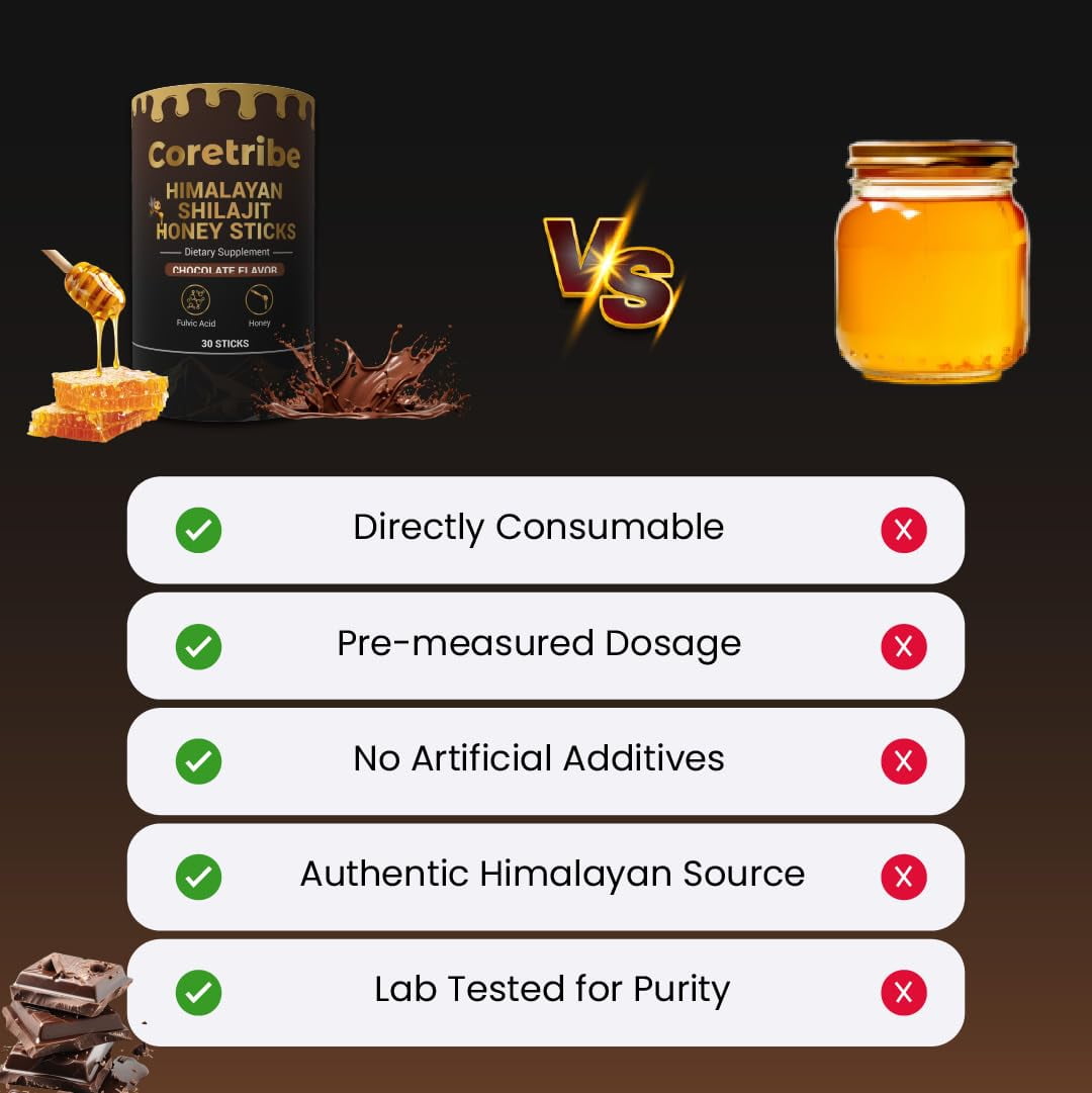 CoreTribe® Shilajit Resin, Chocolate Honey Sticks—Energy, Immunity, Fulvic Acid Men and Women 30 Sticks