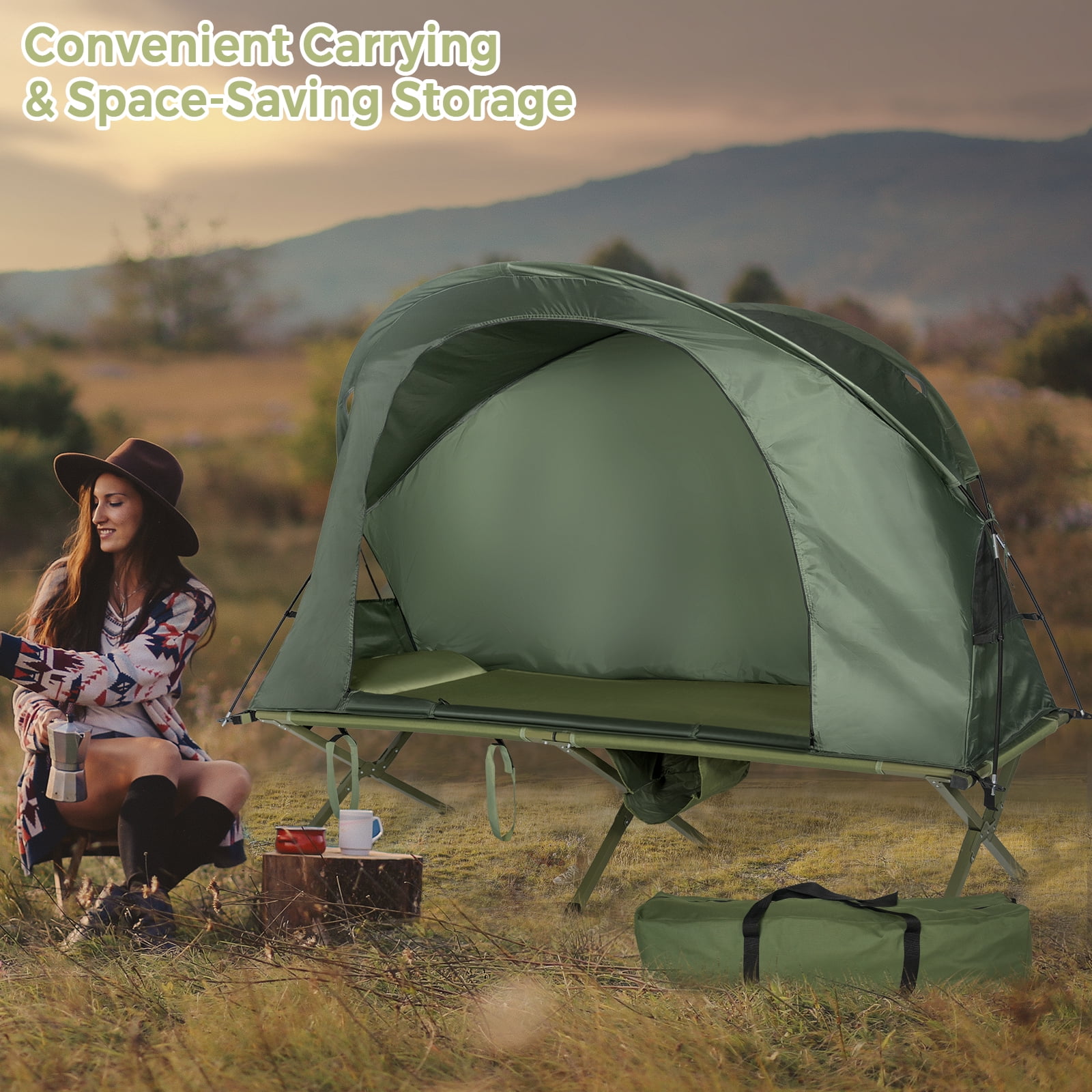 Patiojoy 1-Person Folding Camping Tent Cot Portable Outdoor Tent for Backpacking & Hiking Green