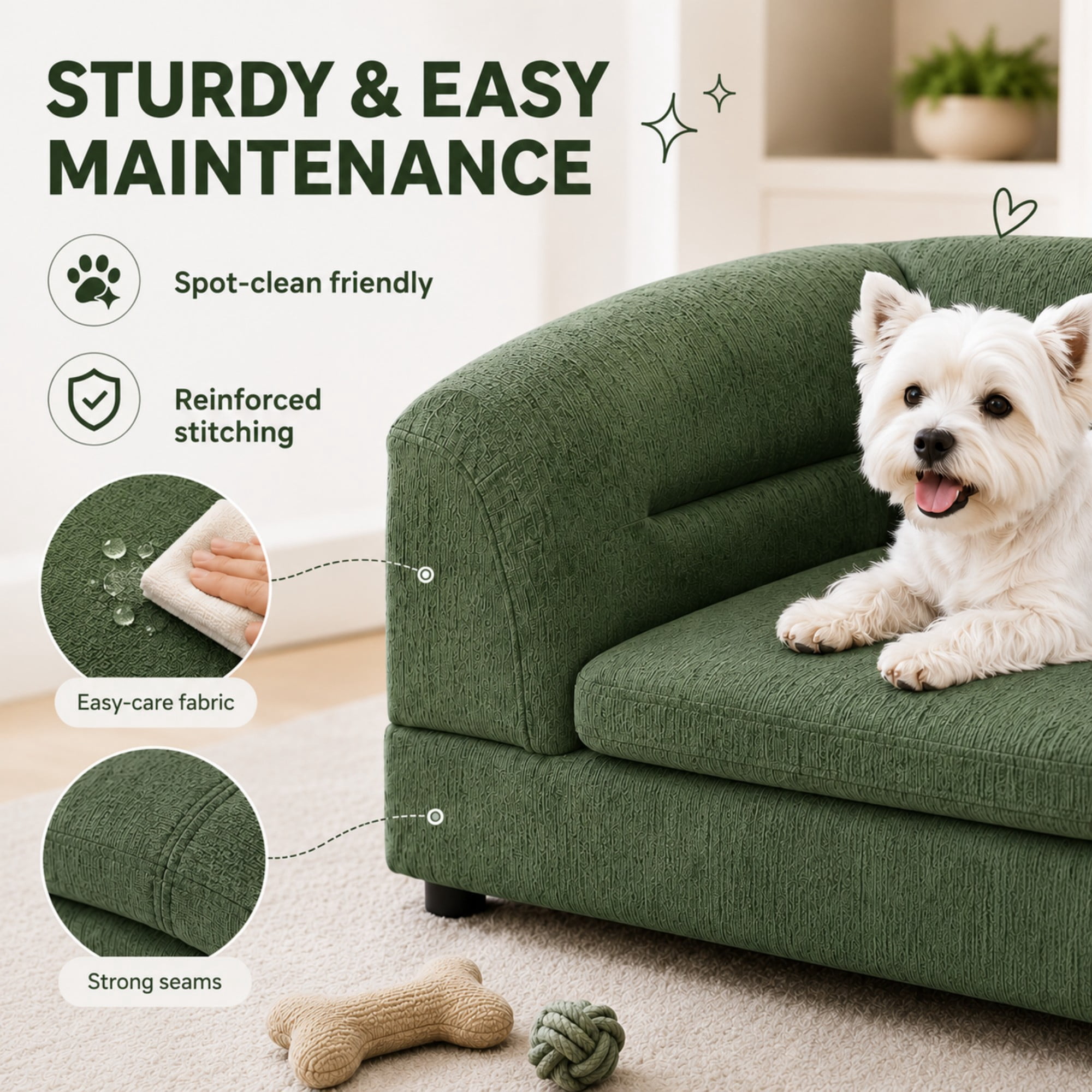 Aenkyo 52" Large Dog Sofa Bed, Linen Pet Couch with Removable Cushions, Green