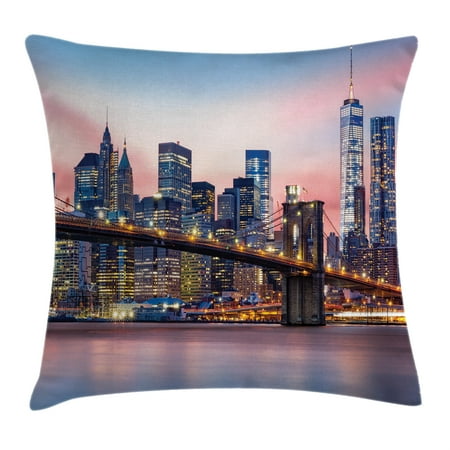 New York Throw Pillows New York Throw Pillow Cushion Cover, Brooklyn Bridge and Lower Manhattan Skyline under Pink Sunrise Long Exposure Art Image, Decorative Square Accent Pillow Case, 16 X 16 Inches, Blue, by Ambesonne ()