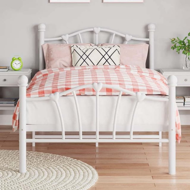 Blanca tamaño individual marco de cama para para niños: cama de plataforma con heart - shaped cabecero y tailboard, heavy metal slat support, noiseless