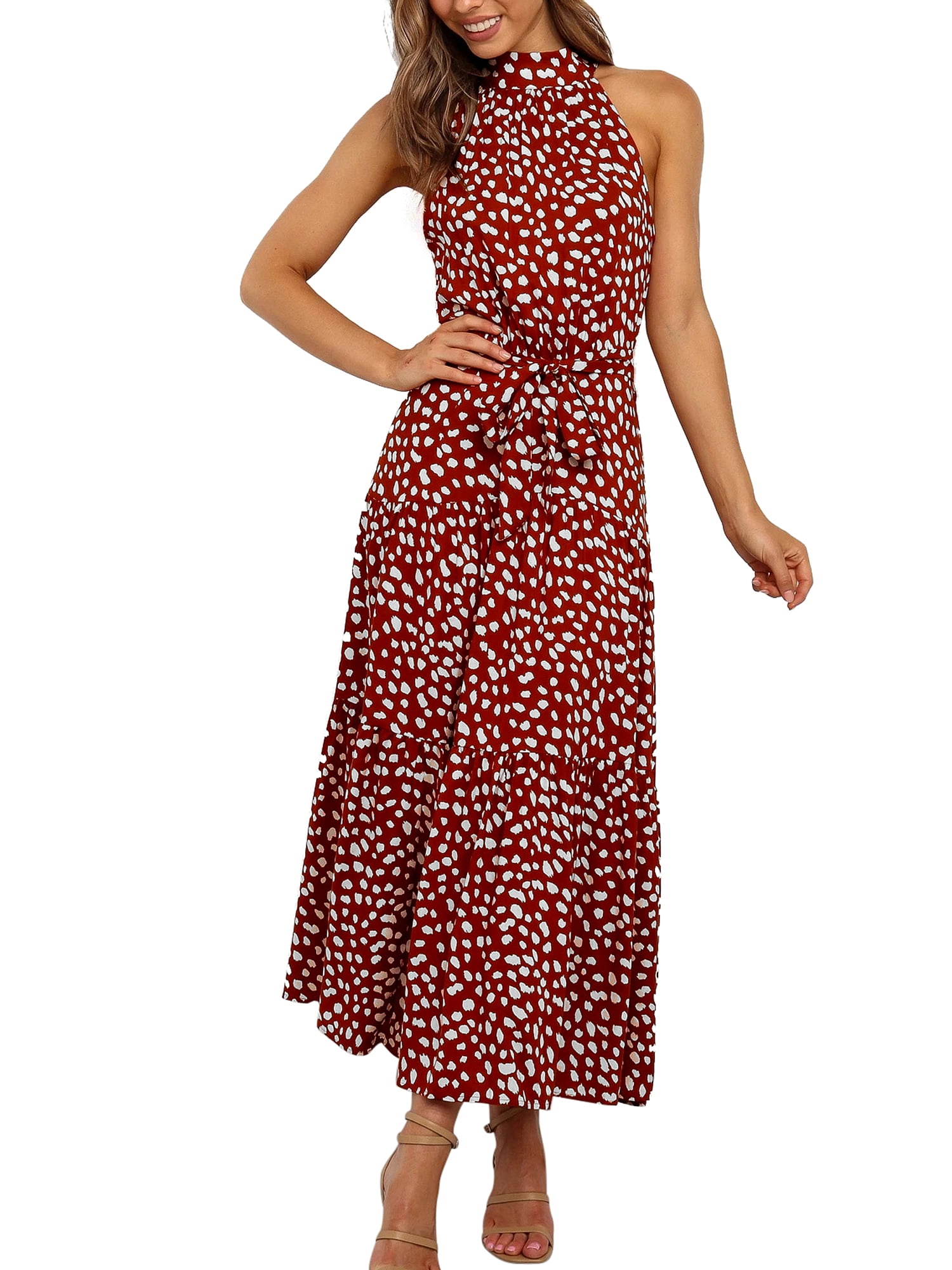 Comeon Women Floral Print Halter Neck Dress Backless Boho Beach Party Maxi Dresses with Belt