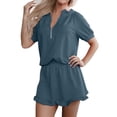 thumbnail image 2 of Short Sets for Women Short Puff Sleeve Half Zip T Shirt and Ruffled Shorts 2 Piece Matching Set Womens Lounge Set, 2 of 6
