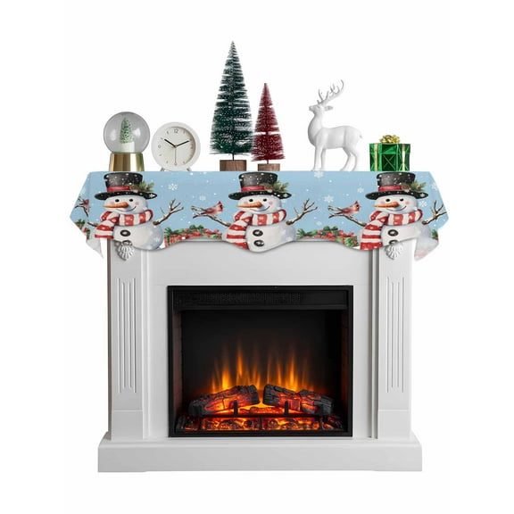 Light Blue Snowman Christmas Mantel Scarf Fireplace Decorations for Living Room, Winter Snowflake Xmas Gifts Fireplace Mantel Scarf Cover Runner for Halloween/Thanksgiving/Christmas Decor 90"x17"
