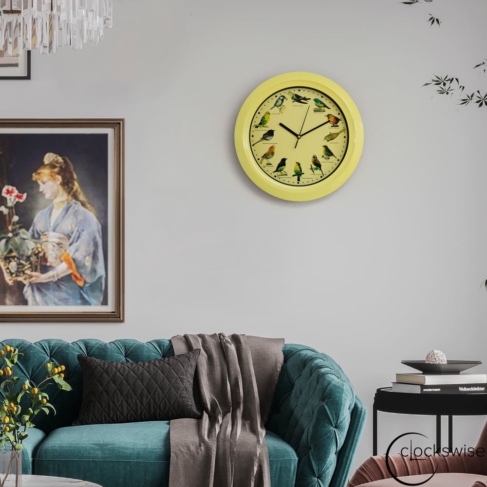 Clockswise 12" Round Decorative Singing Bird Wall Clock Battery-Operated with Wild Nature Sounds Hourly Chime and Non-Ticking for Home Office Kitchen Dining Bedroom Classroom and Living Spaces, Yellow