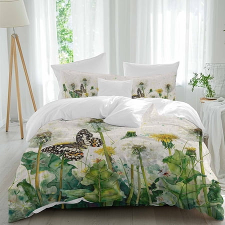 Dandelion Field King Duvet Cover Set, Yellow Flower Monarch Butterfly Botanical Linen Texture 4 Piece Microfiber Bedding Set with Zipper Closure, Bed Sheet and 2 Pillow Shams, Soft Bedding Cover