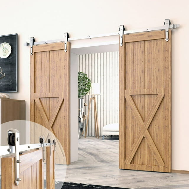 Homacer Brushed Nickel Sliding Barn Door Hardware Kit, for Two/Double Doors, 7ft Long Flat Track, Arrow Design Roller, Heavy Duty, for Interior & Exterior Use