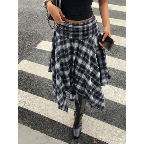 Womens Navy Blue Plaid Asymmetrical Midi Skirt With Ruched Waist And High-Low Hem