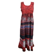 Mogul Women's Summer Dress Red Cotton Printed Tie Back Sleeveless Bohemian Dresses