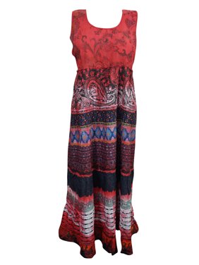 Mogul Women's Summer Dress Red Cotton Printed Tie Back Sleeveless Bohemian Dresses