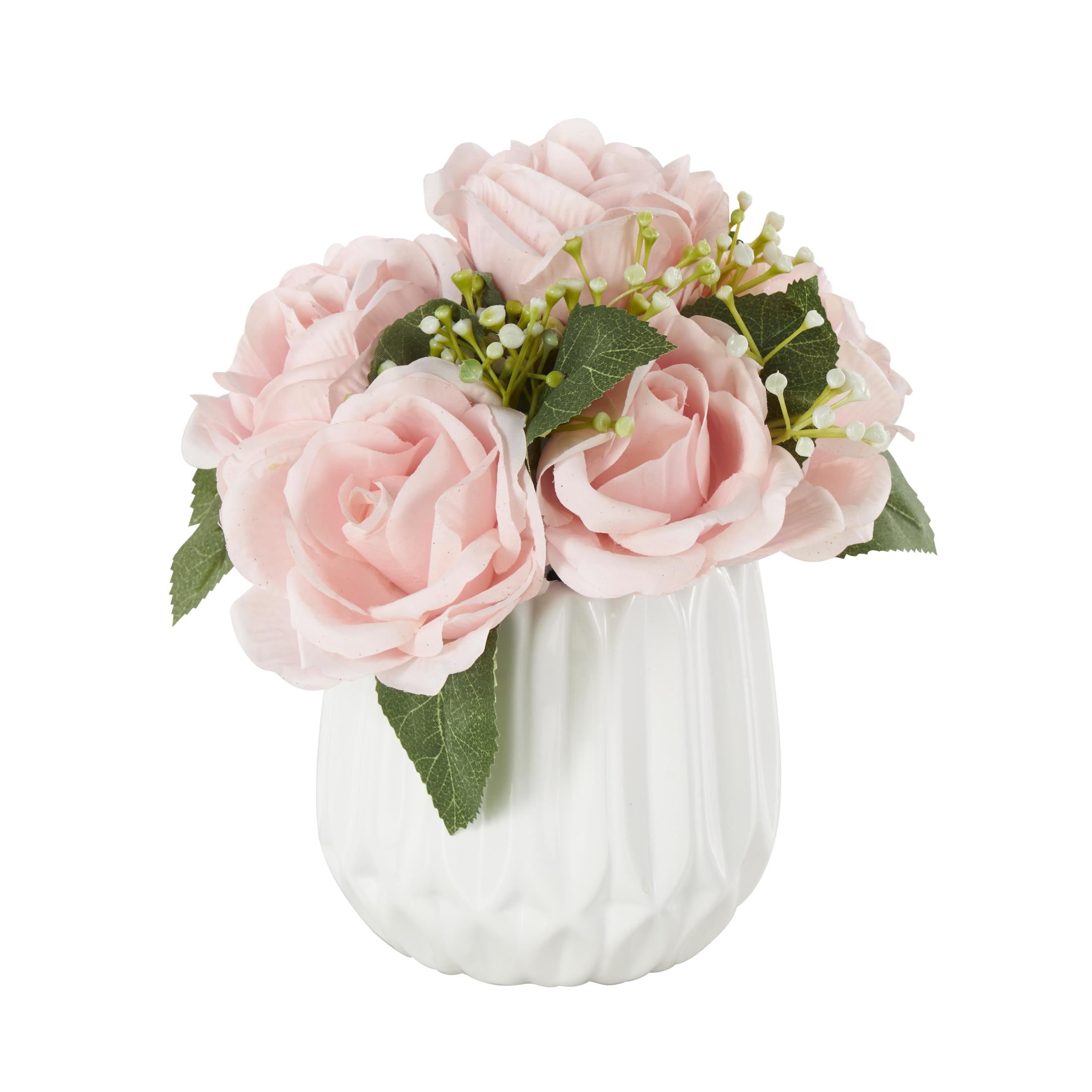 9" Plastic  Hydrangea and Pom Pom Artificial Flower in Green Leaves and Round Ceramic Vase, by DecMode