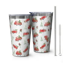 16oz Tumblers Red Christmas Truck Pattern Stainless Steel Vacuum Insulated Double Wall Travel Tumbler Cups Mug with Lid and Straw,Cleaning Brush for Coffee,Tea