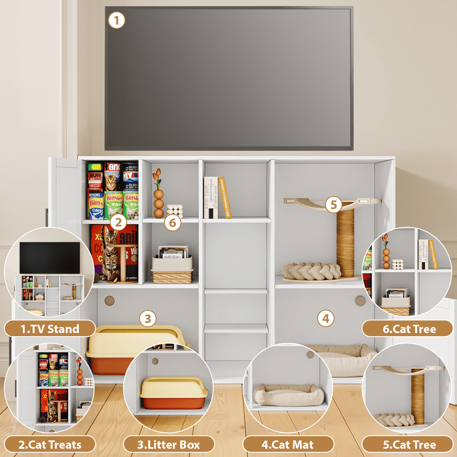 LLappuil Cat Litter Box Furniture, 55" Hidden Cat Litter Box Enclosure with Double Room, Open Shelves, Cabinet, Cat Washroom Furniture for Living Room Entryway