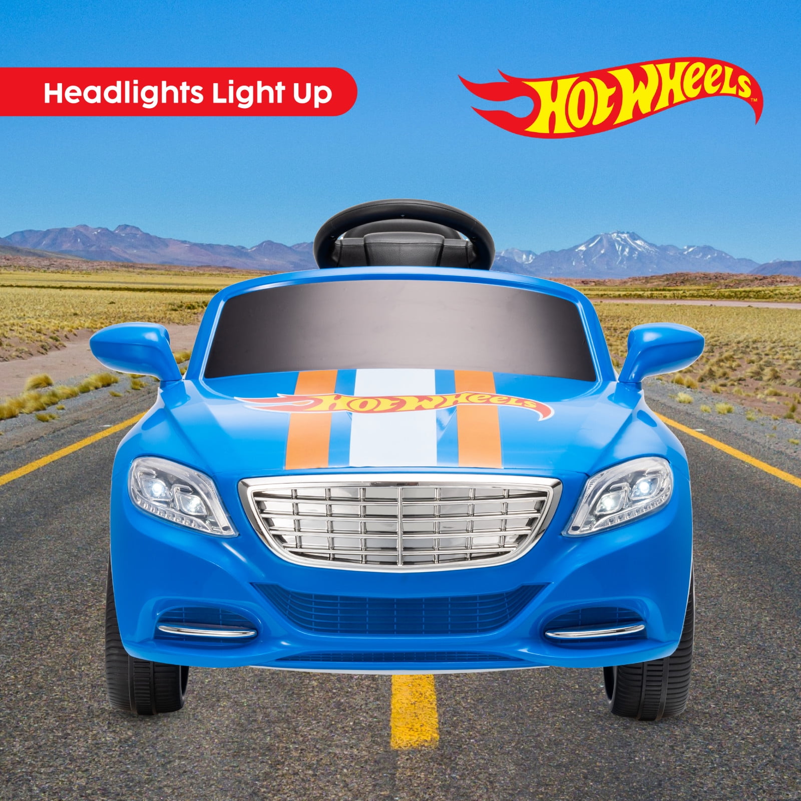 Hot Wheels 6V Battery-Powered Convertible Ride-On Car for Kids, Blue with Racing Stripes