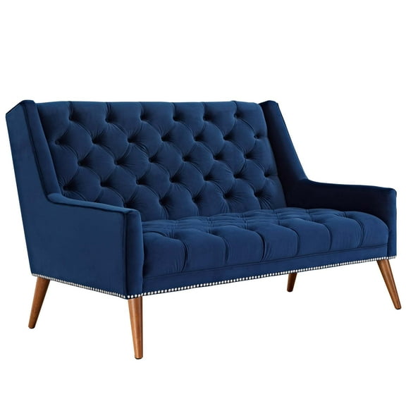 Modern Contemporary Urban Design Living Lounge Room Loveseat Sofa, Navy Blue, Fabric Velvet