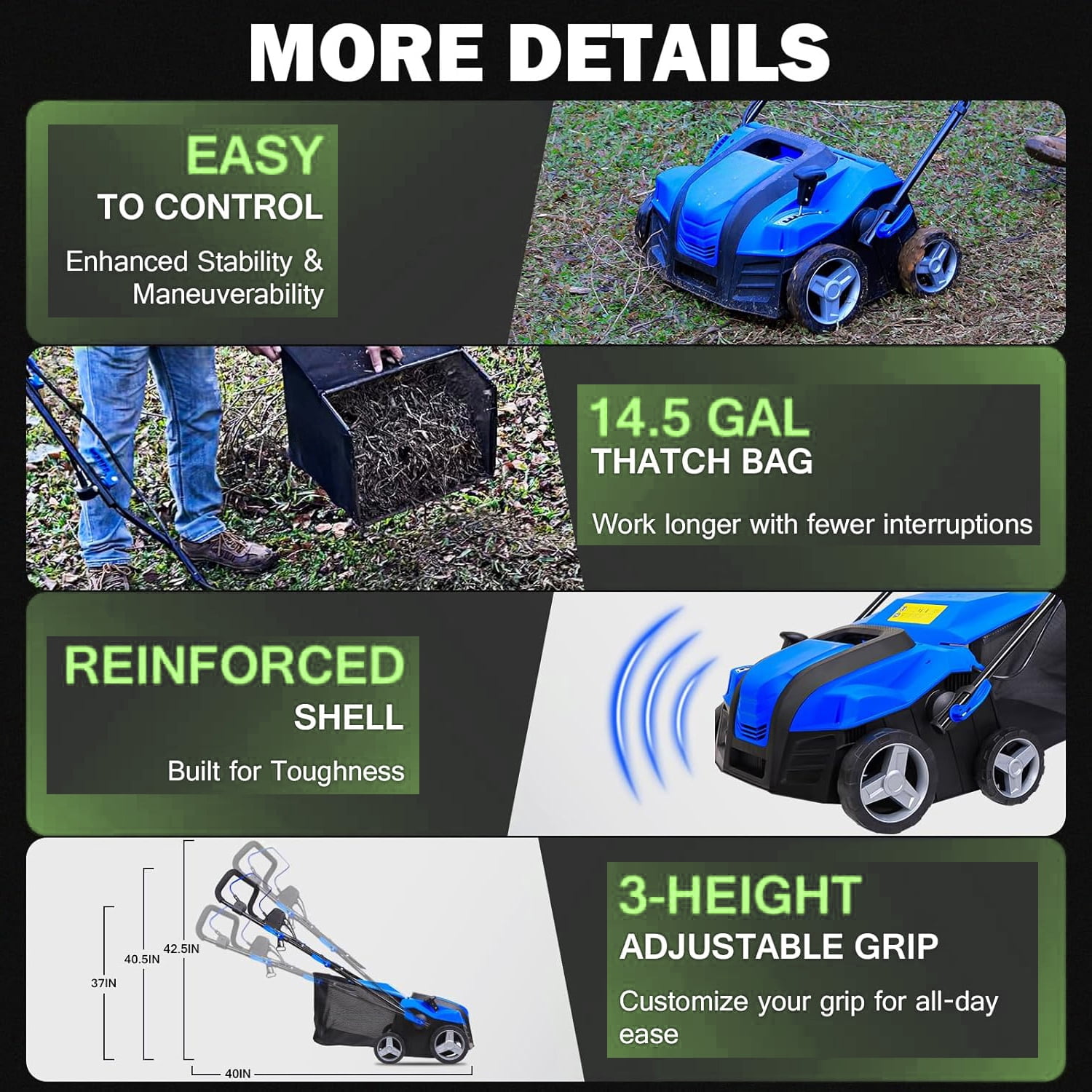 ANLIBATT Dethatcher 2in1 16" Corded Electric Scarifier 15-Amp Depth Adjustment 14.5-Gallon Collection Bag Adjustable Handle Lawn Grass Thatching Rake