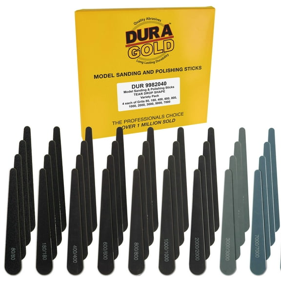 Dura-Gold Sanding Sticks and Polishing Sticks for Plastic Models, Pack of 40 - 4 Each of 10 Grits, Coarse 80 to Super-Fine 7000 Grit, Water Drop Style - Wood Metal Auto Detailing, Hobby Sandpaper