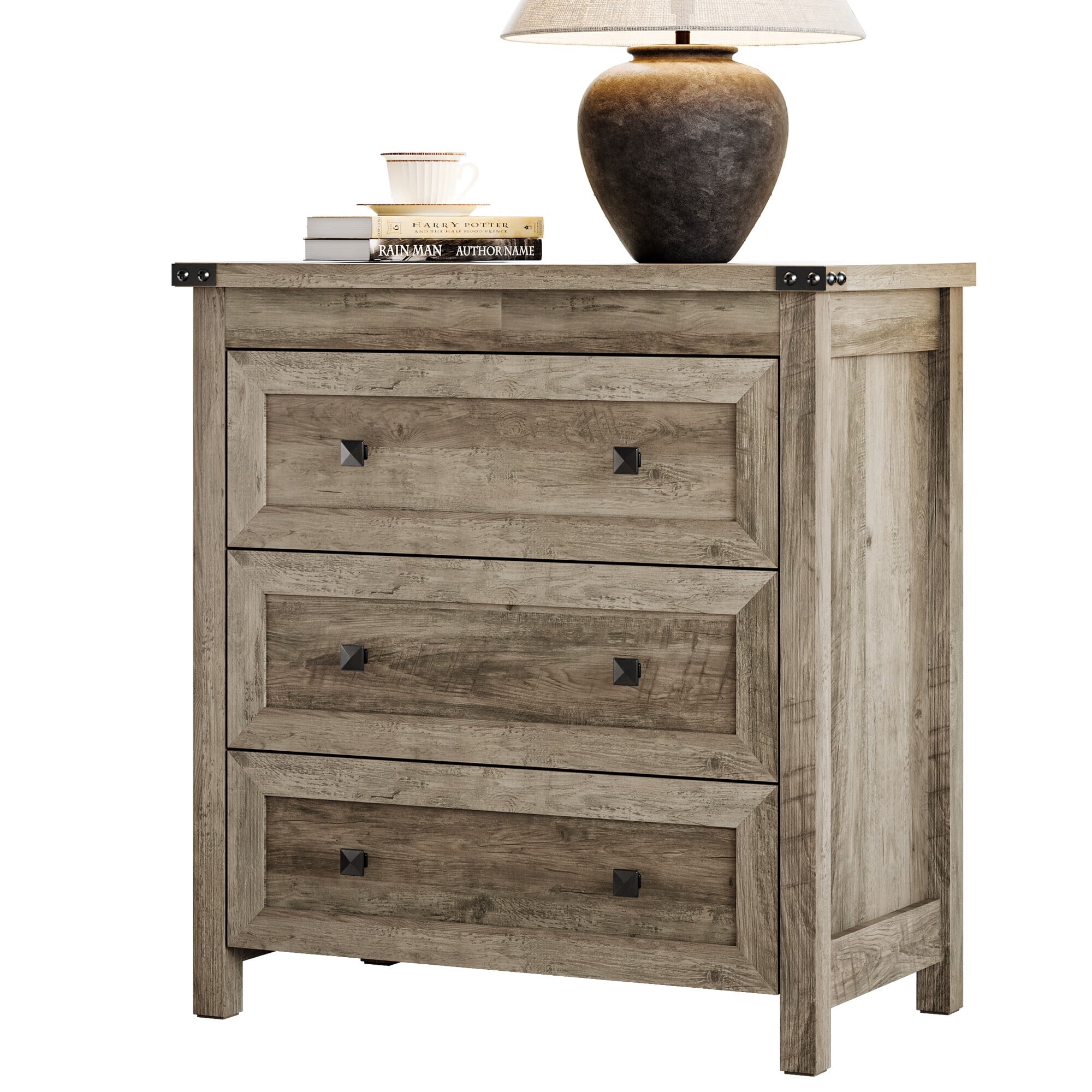 FANRAL 3 Large Drawer Nightstand,29.5" Tall Night Stand,27.5" Wide Side Table,Wood Bedside Table Modern End Table,Small Wide Dresser for Bedroom,Gray Nightstand