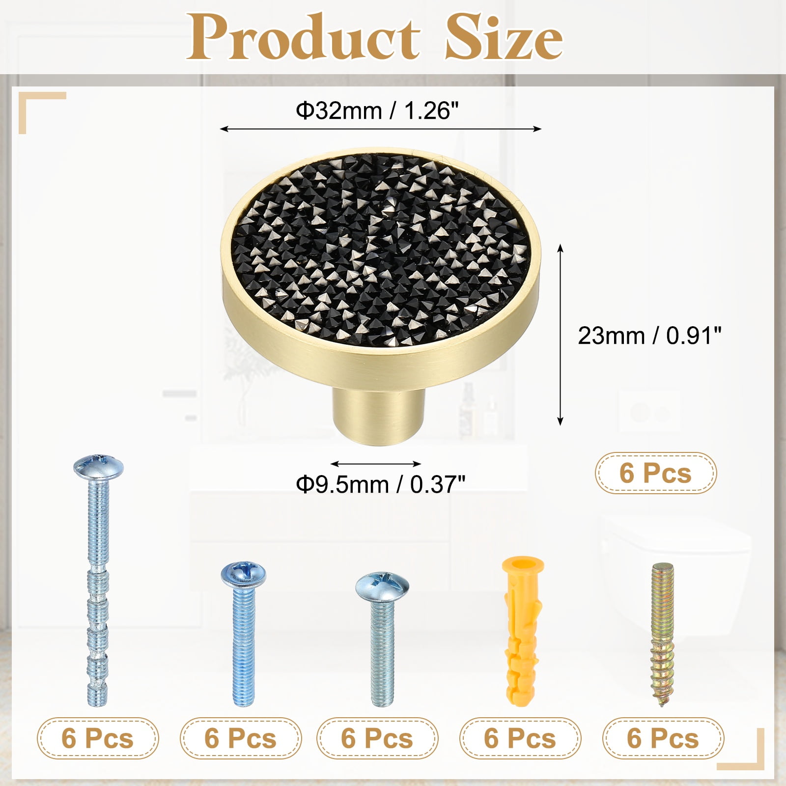 6Pack Gold Cabinet Knobs 1-1/4" Round Knobs Cabinet Handles, Diamond Black