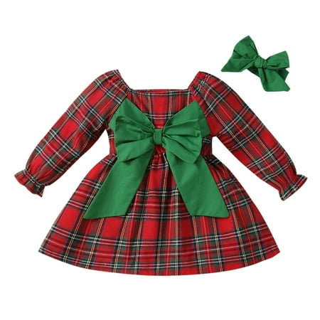 

Toddler Girls Casual Long Sleeve Bowknot Plaid Prints Dress Headbands Set