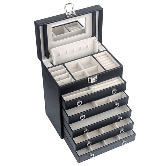 Kendal Black 6-Layer Large Leather Jewelry Box for Women, Jewelry Organizer Box with Mirror for Necklaces, Rings, Bracelets Jewelry, Ideal Gifts Idea for Family Girlfriend