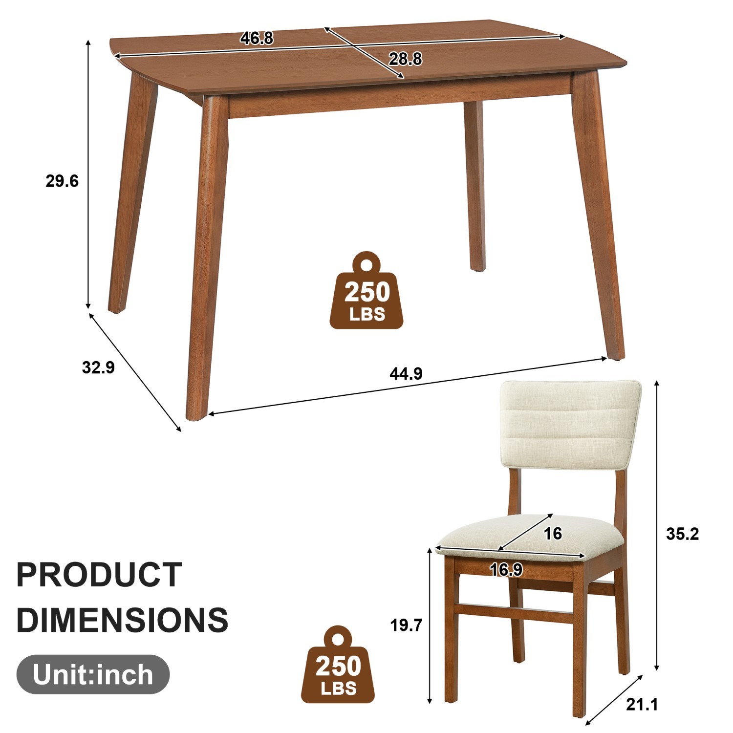 Farmhouse Dining Table Set for 4, Wood Kitchen Table with Upholstered Chairs, Rubberwood Frame, Padded Seats & Curved Backrests, Space-Saving Dinette Set for Dining Room, Brown & Beige