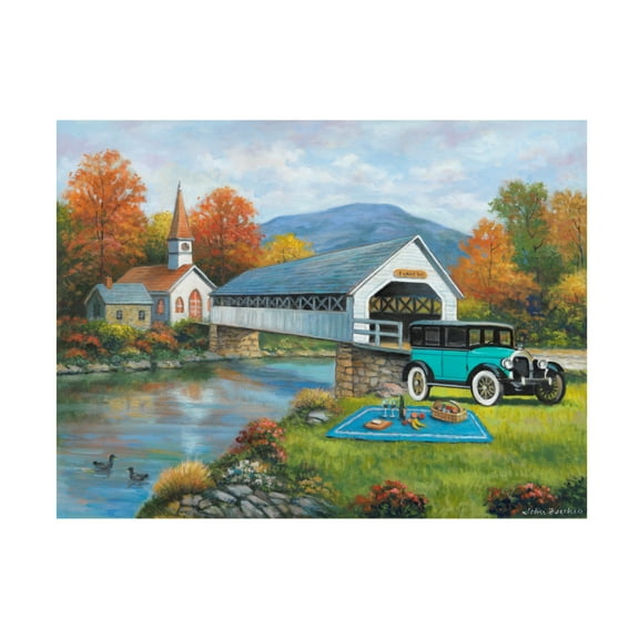 Canvas Wall Art - John Zaccheo 'Picnic By The Bridge' Wall Art for Living Room, Bedroom, or Office Décor by Trademark Fine Art - 19 x 14 Inches