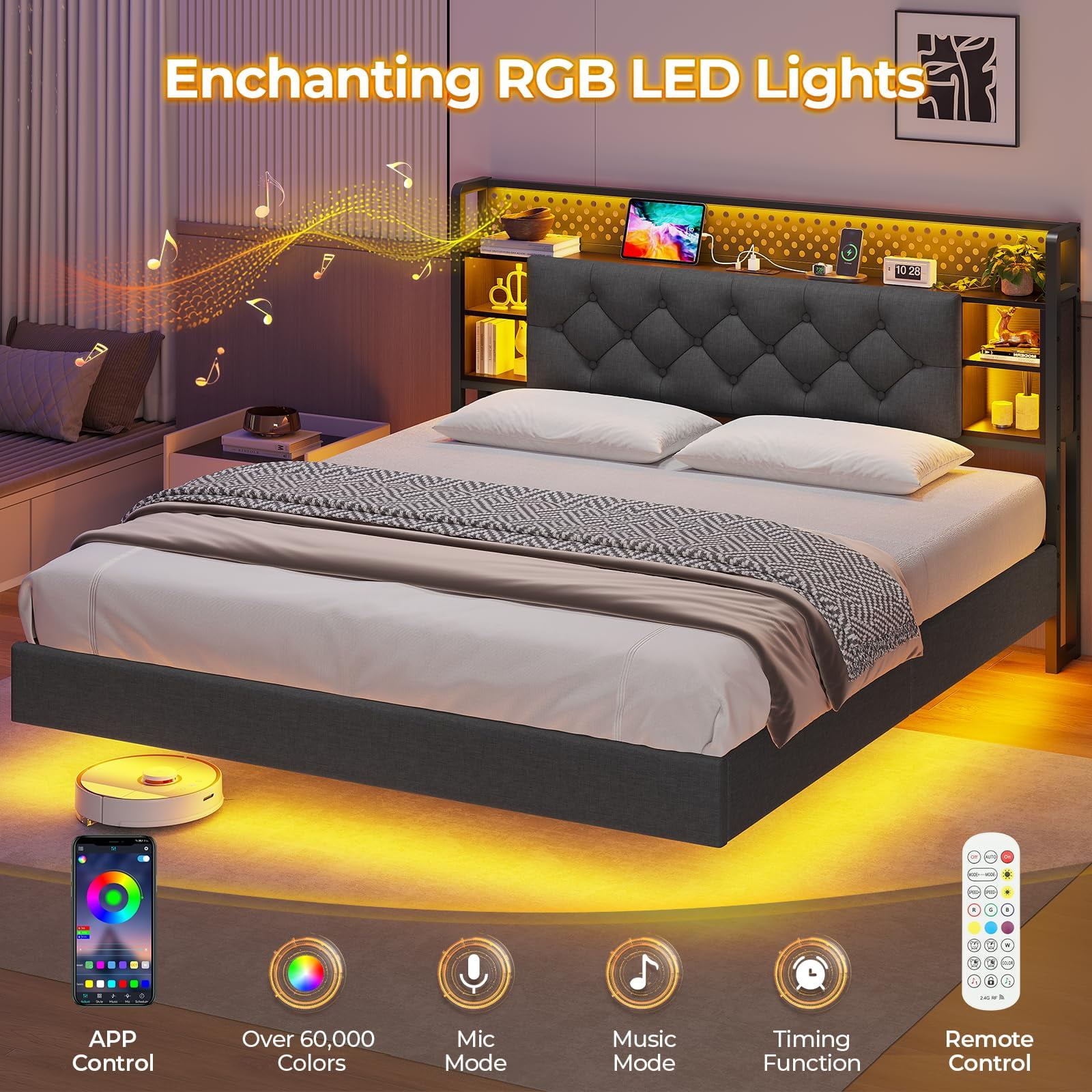 Afuhokles Full Size Floating Bed Frame with Storage Headboard and Charging Station, LED Platform Bed, Gray