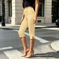 thumbnail image 5 of Women's Striped Capri Leggings Fold Over High Waist Tummy Control Workout Yoga Pants Split Hem Knee Length Soft Stretch Casual Pants Yellow, 5 of 7