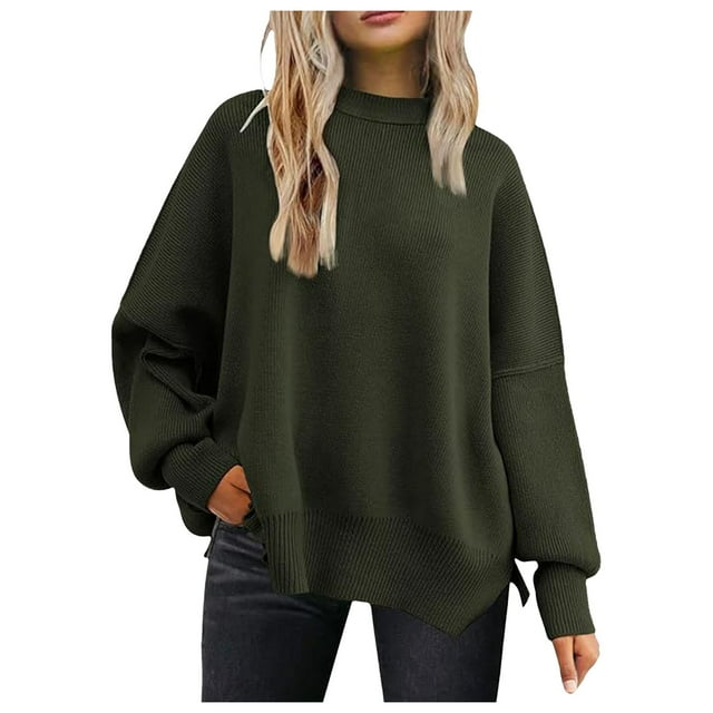 Women's Oversized Batwing Sweater 2024 Fall Ribbed Knit Crewneck Long Sleeve Pullover Tops with Side Slit Comfortable Casual Wear
