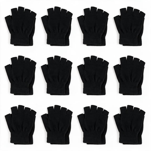 12 Pairs Black Acrylic Knit Fingerless Gloves, Warm Cold-Proof Half Finger Gloves, Unisex Touch Screen Outdoor Winter Hand Gloves