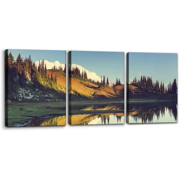 Canvas Prints Nature Wilderness Wall Art Framed Retro Colorful Mountain Forest Lake Artwork for Living Room Bedroom Home and Office Wall Decor Stretch and Framed Ready to Hang - 12" x 16" x 3 Panels