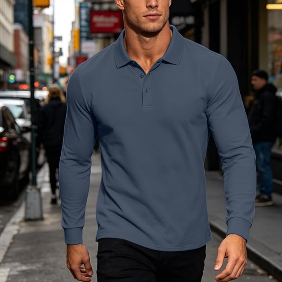 WXLWZYWL Winter Mens Tops Classic Turndown Collar Long Sleeve Two Button Placket Outdoor Business Top