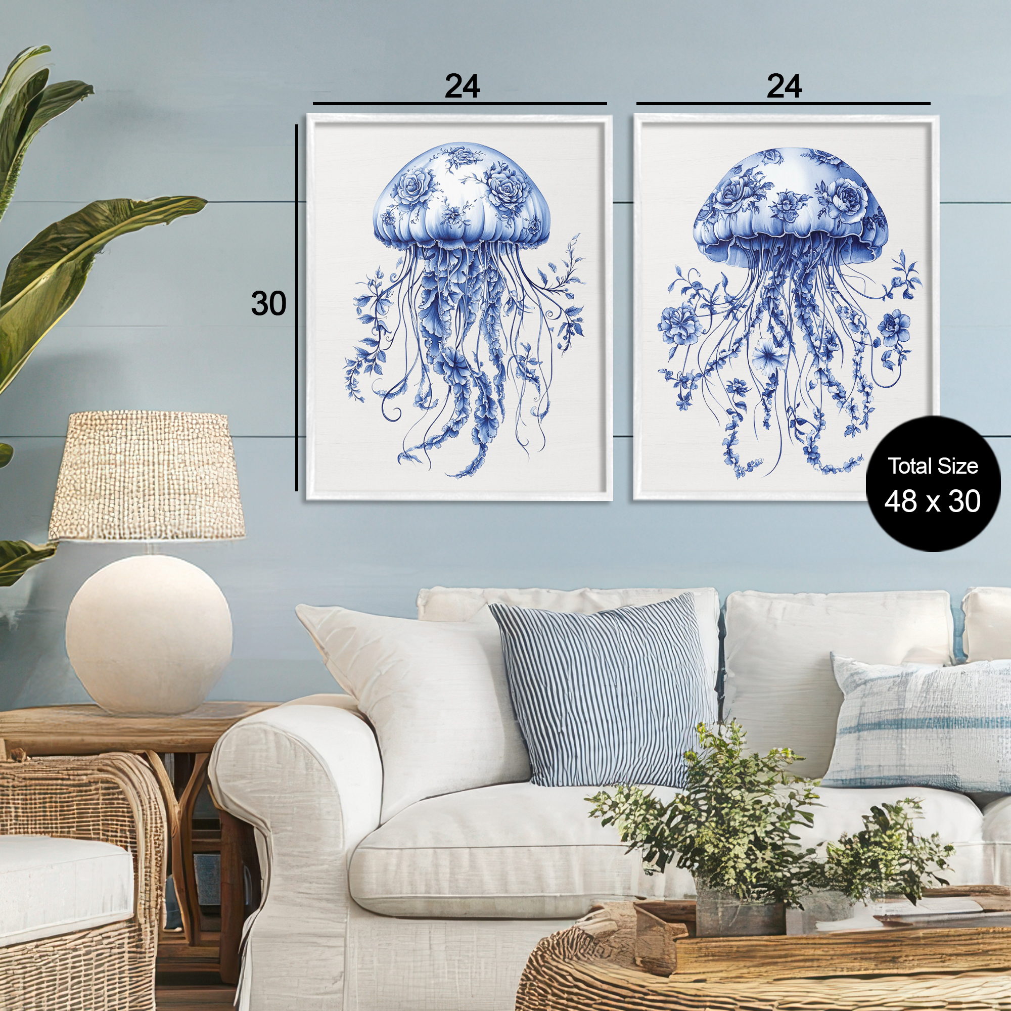 Funky Florals Toile Jellyfish 2 Piece White Framed Giclee Art Set, design by Lettered and Lined